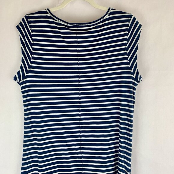Toad & Co Women Samba Muse Ruched Midi Dress Sz Large Navy Blue Striped Coastal - Picture 7 of 12